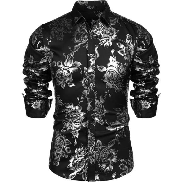 Men's Rose Shiny Shirt Luxury Flowered Printed Button Down Shirt - Picture 1 of 6